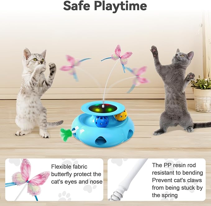 3in1 Interactive Cat Toys for Indoor Cats Rechargeable,Whack a Mole Cat Toy, Fluttering Butterfly, Track Balls, Automatic Kitten Toys Touch Activated, 2 Refill Feather