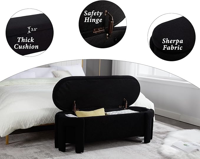 Kmax 50" Storage Ottoman Bench Modern Faux Fur Boucle Entryway Bench Comfy Upholstered End of Bed Bench for Hallway Entrance Bedroom Corner, Black