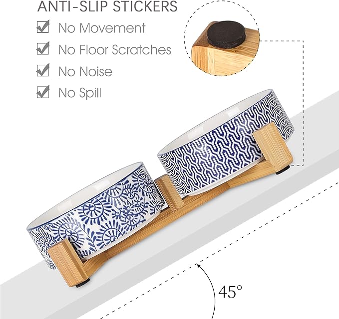 Selamica Ceramic 14 OZ Dog Bowls, Dog Food and Water Bowls with Wooden Stand, Anti-Slip Dog Dishes Set for Cats & Small Dogs, Weighted Pet Bowls Set of 2, Vintage Blue B