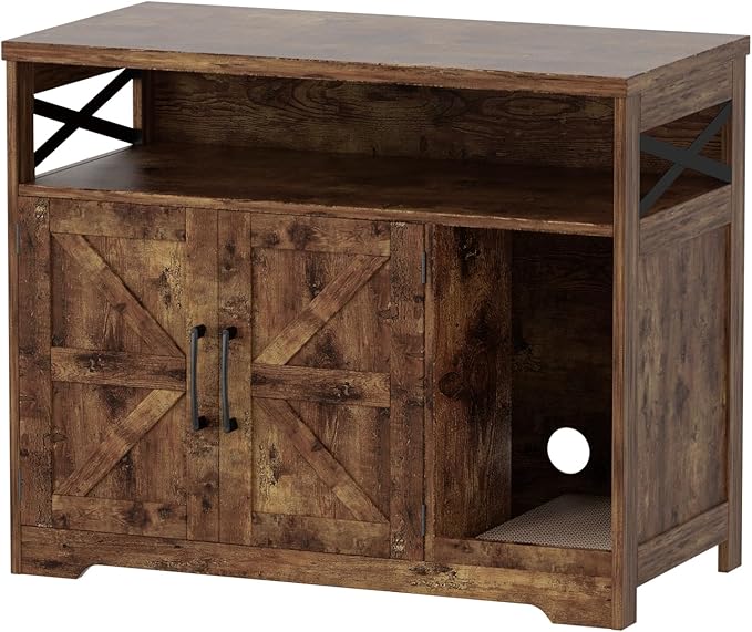 Cat Litter Box Enclosure, Hidden Litter Box Furniture with Scratch Pad, Farmhouse Indoor Cat House Washroom End Table, Rustic Brown