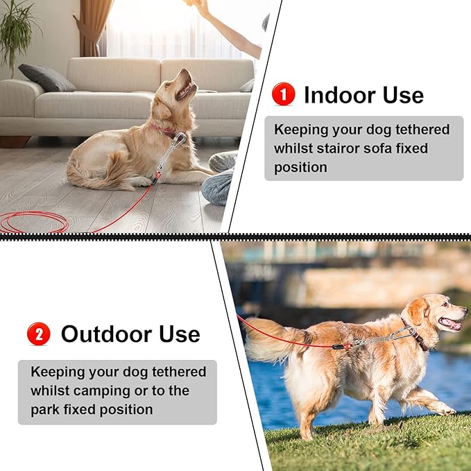 Jenico Dog Tie Out Cable, 10/15/20/30/40/50/70/100/150FT Runner Cable with Swivel Hook and Shock Spring, Yard and Camping Dog Leash Run Tether, Up to 500 LBS