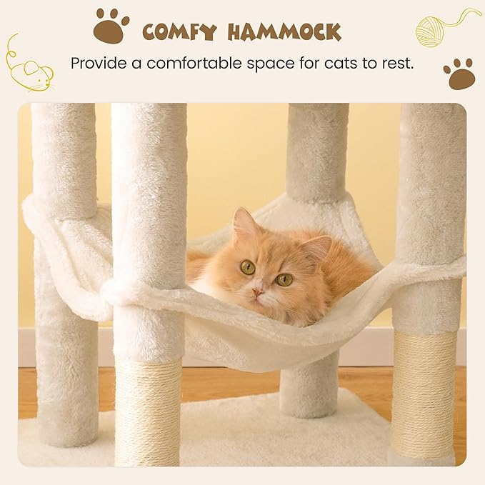 MWPO 63.8 inches Multi-Level Cat Tree for Large Cats with Sisal-Covered Scratching Posts, Padded Platform, Hammock and Condo,Stable Cat Tower Cat Condo Pet Play House-Beige