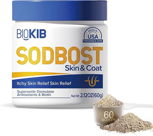 SODBOST Dog Allergy & Itch Relief, Cat Skin & Coat Supplement Powder -SOD Enzyme Skin Relief Formula for Allergy & Itch Relief & Reduces Shedding - Plant-Based, Made in USA - 60 Scoops