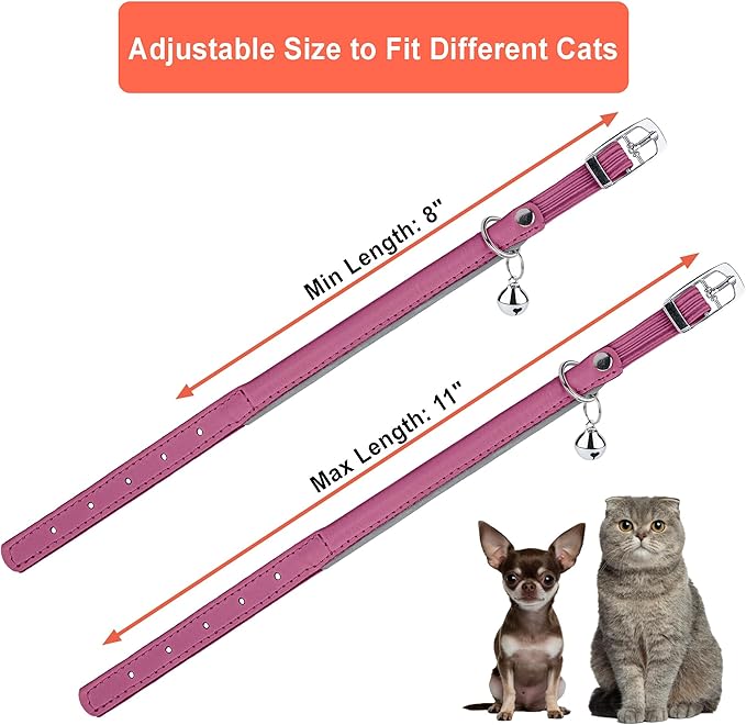 OOPSDOGGY Rolled Leather Cat Collar with Bell, Reflective Kitten Collars with Buckle Include Safety Elastic Strap - Adjustable Small Pet Collars for Boy Girl Cats (Fucsia)