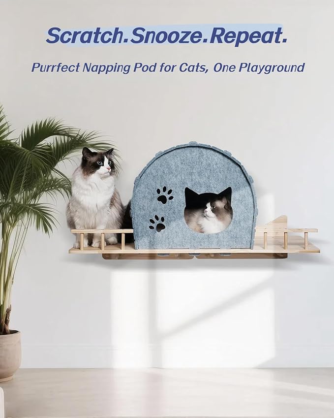 Wall Mounted Felt Cat Bed – Modern Cats Shelf with Wooden Base & 4 Holders, Space-Saving Cat Perch for Indoor Cats, Minimalist Wall Cat Furniture for Resting & Lounging,Gray