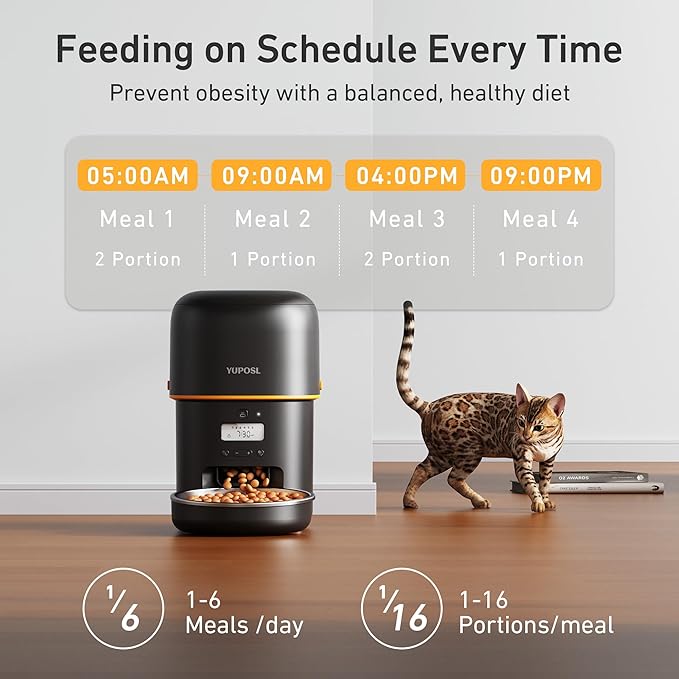 Automatic Cat Feeder - 2L Cat Food Dispenser, Timed Auto Pet Feeder with 180-day Battery Life, 1-6 Meals Per Day, 1-16 Portion, Desiccant Bag Keeps Dry Food Fresh, Also for Small Dogs