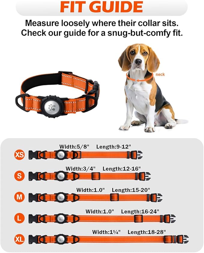 TagME Airtag Dog Collar,Waterproof Reflective Pet Collar with Airtag Holder,Soft Padded and Double D-Rings for Puppy,Orange
