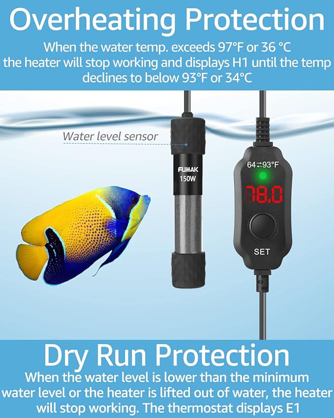 150W Adjustable Aquarium Heater Super Short Submersible Fish Tank Heater Fish Heater with LED Digital Display Thermostat, for Tanks 15-30 Gallons