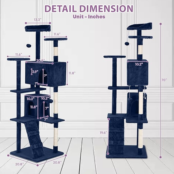 70 Inches Multi-Level Cat Tower for Indoor Cats - XL Tree Climbing Condo With Scratching Posts and Hanging Toys, Navy Blue