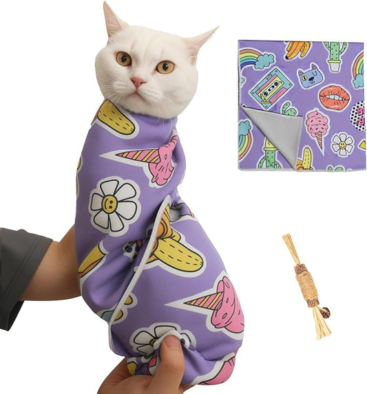 27.6" Cat Grooming Wrap,Self-Adherent Cat Wrap for Cutting Nails,Anti-Escape Cat Swaddle Wrap,Multifunctional Anti-Scratch Cat Restraint Wrap for Medicine,Nail Clipping,Ear Cleaning(Within 15lbs)