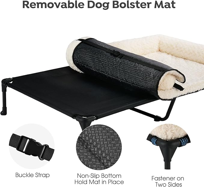 Veehoo Cooling Elevated Dog Bed Add Removable Deluxe Rose Plush Bolster Cushion Mat, 53" x 33" Washable Dog Couch Bed, Raised Pet Cot with Breathable Teslin Mesh, No-Slip Feet, White, CWC2439B