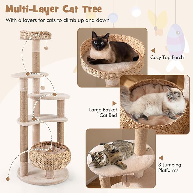 PETSITE 65 inch Cattail Cat Tree Tower, Multi-Level Cat Tower with Natural Jute Scratching Posts, Cat Bed, Top Perch, Dangling Balls and Jumping Platforms, Modern Tall Cat Tree for Indoor Cats