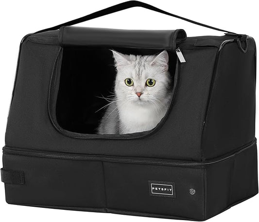 PETSFIT Portable Cat Litter Box - Removable 2-Layer Leak-Proof Lining, Scratch-Resistant Fabric with Sturdy Support Frame, Travel & Collapsible Cat Litter Box Black