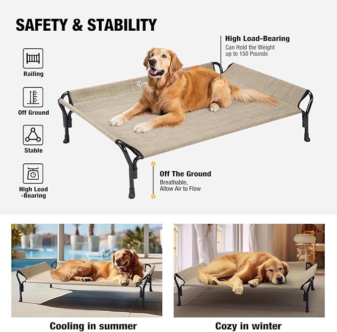 Veehoo Medium Elevated Dog Bed, Guardrail, Non-Slip, Teslin Mesh, 35"L x 26"W x 11"H, Beige Coffee