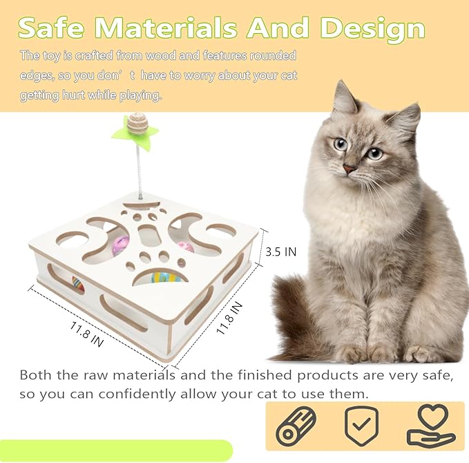 Interactive Wooden Cat Puzzle Toy Box Indoor Hunting Play Toy to Stimulate Your Cat’s Energy and Instincts (White)