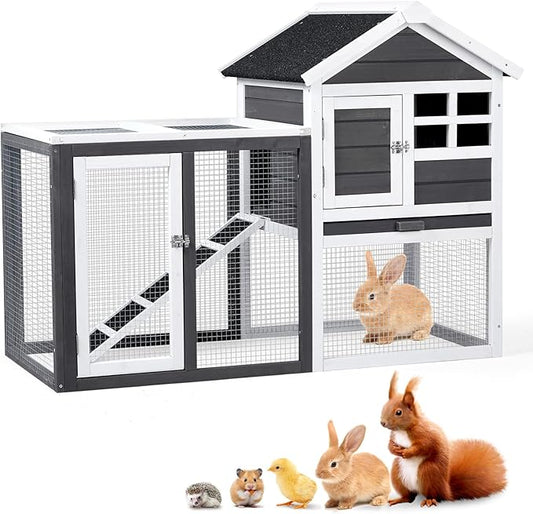 Outvita Rabbit Hutch, Small Wood Chicken Coop, 48" Guinea Pig Cage w/Pull-Out Tray, Waterproof Asphalt Roof, Chicken Run, Interactive Door for Small Animal Pen Outdoor