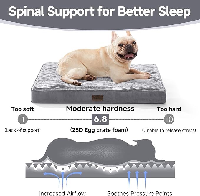OhGeni Orthopedic Waterproof & Machine Washable Dog Bed for Small Medium Pets, Suitable for Crates, Cat Mat with 25D Egg Crate Foam, Removable Cover & Invisible Zipper, 30 Inches(Gray)