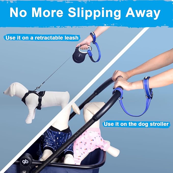 PetBonus Short Dog Leash, Safety Wrist Strap for Retractable Dog Leash, Reflective Design and Adjustable Soft Padded Handle, Extra Layer Security for Pet Stroller (Blue) 1 Pack
