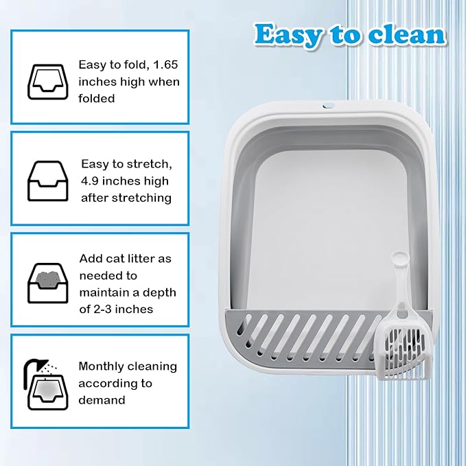 Collapsible Cat Litter Box,Open Potty Pan Cat Toilet Foldable Portable Cats Litter Box Travel Litter with Scoop,Waterproof Low Entrance for Kitten and Cat Toilet Easy Clean 17.7"×13.4"x4.9"(Grey)
