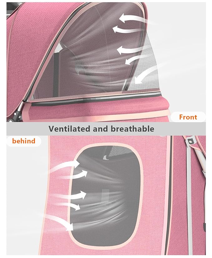 Pet Stroller with 3 Wheels for Small/Medium Pets, Portable Travel Foldable Carrier Jogger for Dog Cat Puppy Kitty, Rear Wheel Breaks, Storage Basket, Visible Mesh with Weather Cover (Pink)