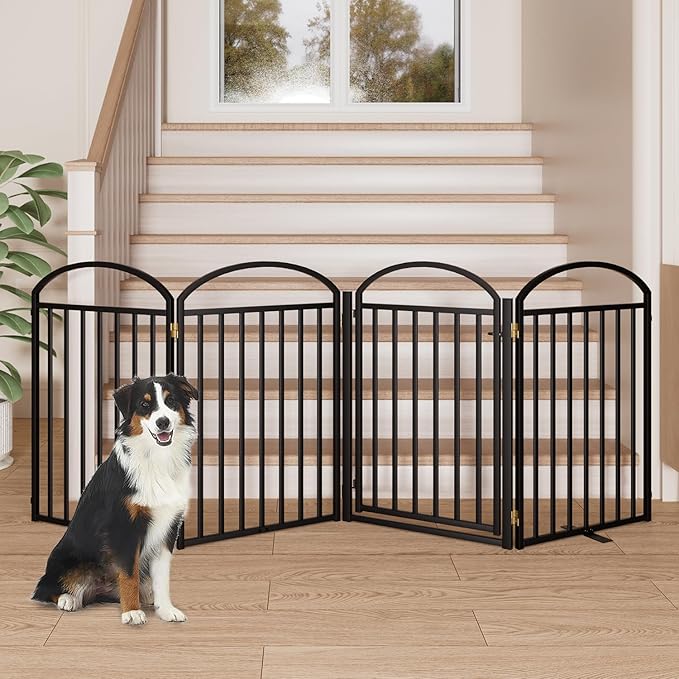 4 Panles Full Matel Freestanding Dog Gates with Door, 96"Extra Wide 32"Tall Free Standing Dog Pet Gate for Indoor & Outdoor. Foldable Pet Fences for Doorways, House, Stairs, Porch, Deck, Yard