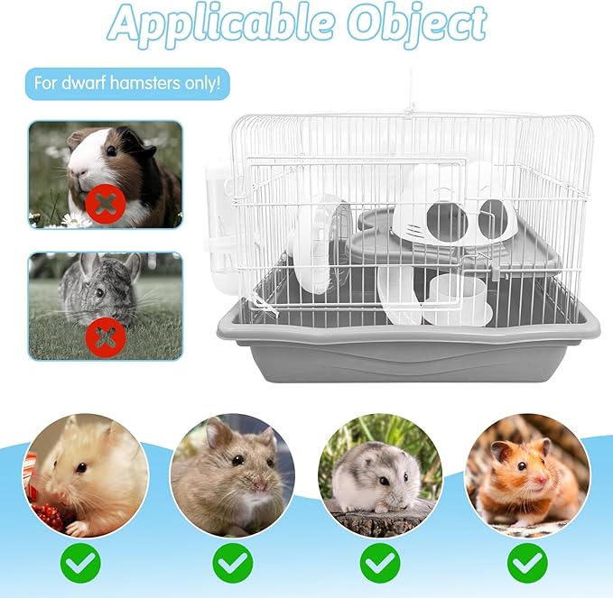PINVNBY Dwarf Hamster Cage, Small Animal Cages, 2-Tier Travel Portable Mouse Cage Hamster Carrier with Castle House Running Exercise Wheels, Water Bottle and Food Dis（Gray）