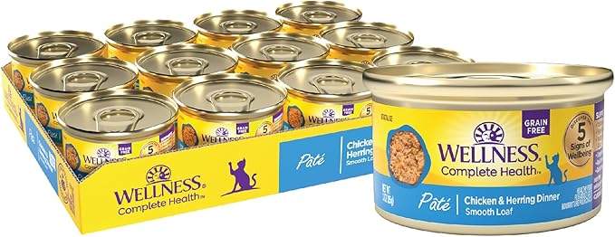 Wellness Complete Health Pate Adult Wet Cat Food, Natural, Protein-Rich, Grain-Free, 3 Ounce, 24 Pack, (Chicken & Herring)