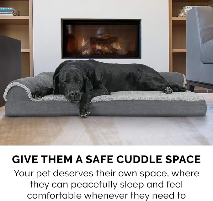 Furhaven Cooling Gel Dog Bed for Medium/Small Dogs w/ Removable Bolsters & Washable Cover, For Dogs Up to 35 lbs - Two-Tone Plush Faux Fur & Suede L Shaped Chaise - Stone Gray, Medium