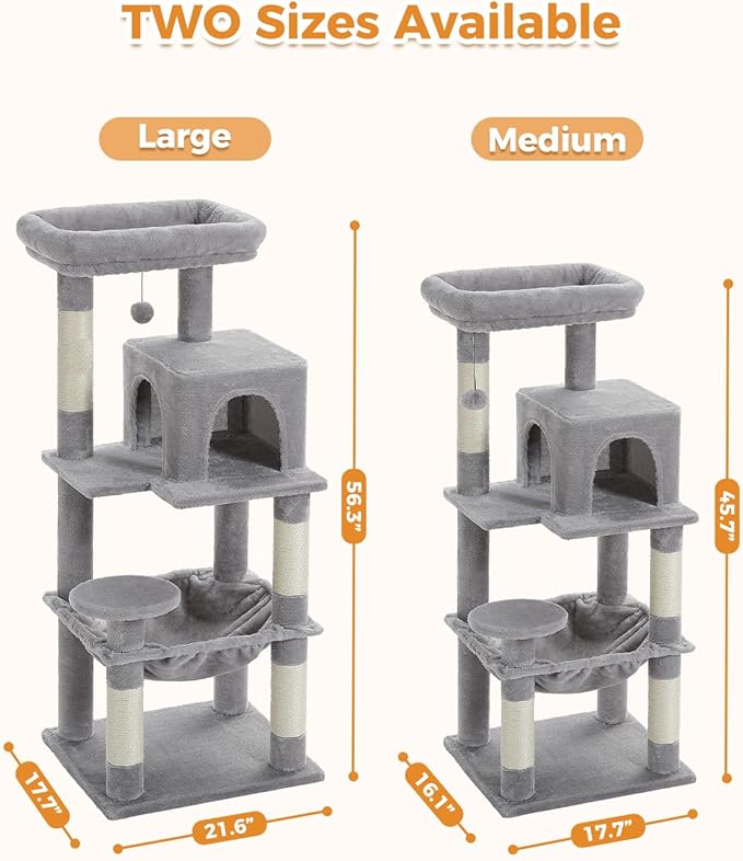 Cat Tree for Large Cats Adult with Metal Plush Big Hammock, 56.3" Cat Tower with 2 Door Condo House, 6-Tier Cat Shelves with Scratching Posts and Large Top Perch, Gray