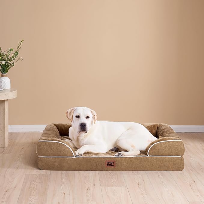 EHEYCIGA Orthopedic Dog Beds for Large Dogs, Waterproof Memory Foam Large Pet Bed with Sides, Non-Slip Bottom and Egg-Crate Foam Dog Couch Bed with Washable Removable Cover, Camel
