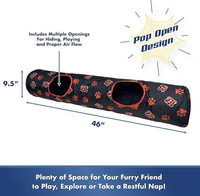 NFL Cincinnati Bengals Cat Tunnel Tube Toy with Plush Football Catnip and Feathers Collapsible Tunnel for Cats to Play, Peek and Hide, Sporty & Fun Cat Tunnel Toy with Team Logo All-Over Design!