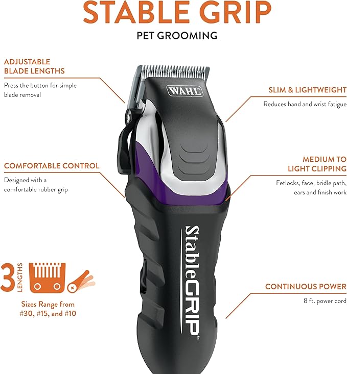 Wahl Pro Animal Stable Grip - Comprehensive Equine Grooming Kit - Light Body Clipping - Trimming Face, Ears & Fetlocks - Stable Grip Clipper - Easy-to-Adjust Cutting Lengths - Long Power Cord
