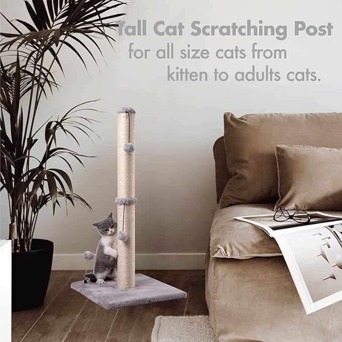 MECOOL 34“ Tall Cat Scratching Post Premium Basics Kitten Scratcher Sisal Scratch Posts Trees with Hanging Ball for Indoor Cats, Gray