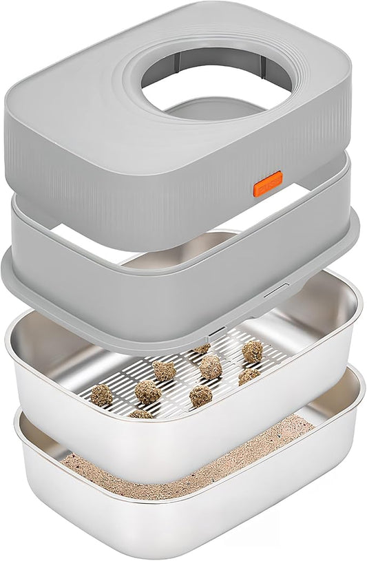 Stainless Steel Sifting Litter Box with Lid, Metal Litter Pan with Scoop for Big Cats Multi Cat, Extra Large Cats Litterbox Odor Control, Easy Clean (23*16.5*16.5inch-with Enclosure, X-Large)