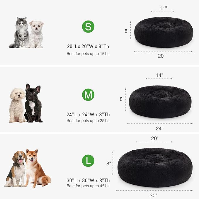 Love's cabin Calming Cat Bed for Indoor Cats,Anti-Anxiety Donut Round Dog Bed,Fluffy Faux Fur Washable Pet Bed for Small Medium Dogs and Cats,Black,24in