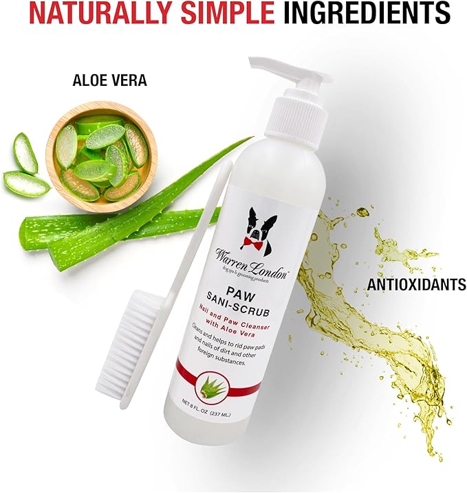 Warren London Paw Scrub – Deep Cleaning Paw & Nail Cleanser with Aloe Vera – Removes Dirt & Grime – Includes Scrub Brush – Made in USA - 8 oz