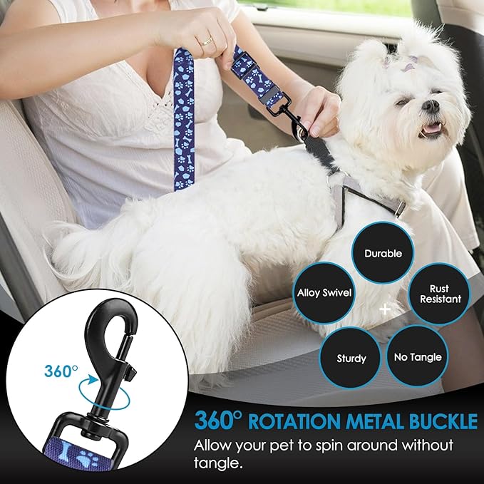 Lukovee Dog Seatbelt Leash for Cars, 2 Pack Pet Safety Car Seat Belt with Adjustable Buckle & Reflective Bungee, Connect Dog Harness in Vehicle Car Dogs Restraint Travel Daily Use (Blue Paw)