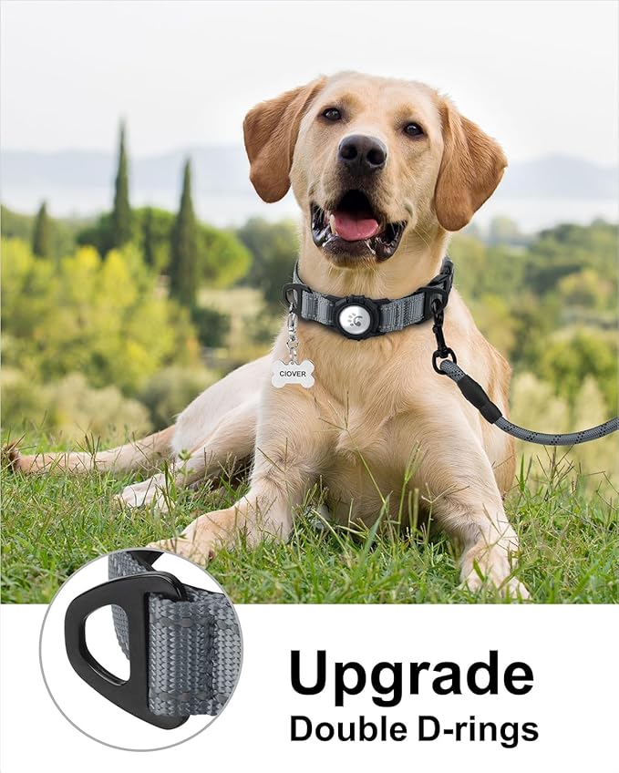 TagME Airtag Dog Collar,Waterproof Reflective Pet Collar with Airtag Holder,Soft Padded and Double D-Rings for Large Dogs,Grey