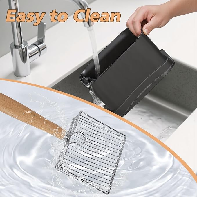 Metal Cat Litter Scoop with Holder, Poop Scooper with Stand and 2 Rolls of Garbage Bags, Heavy Duty Stainless Steel Shovel with Wooden, Quick Sifter for Easy Cleaning (Long handle-9.8" with Holder)