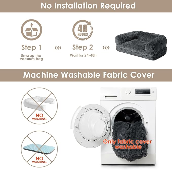 EHEYCIGA Foldable XL Dog Bed, Faux Fur Fluffy Pet Couch Bed for Large Dogs, Orthopedic Calming Memory Foam Big Pet Bed, Washable Soft Pet Sofa Bed with Non-Slip Bottom, Dark Grey, 46"x34"x6.5"