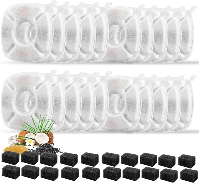 40 Pcs Cat Fountain Replacement Filters 20 Pack Cat Water Fountain Replacement Filters with 20 Pack Pre-Filter Sponges, Pet Fountain Filter Fit for 95oz/2.8L Automatic Pet Fountain Cat Water Fountain