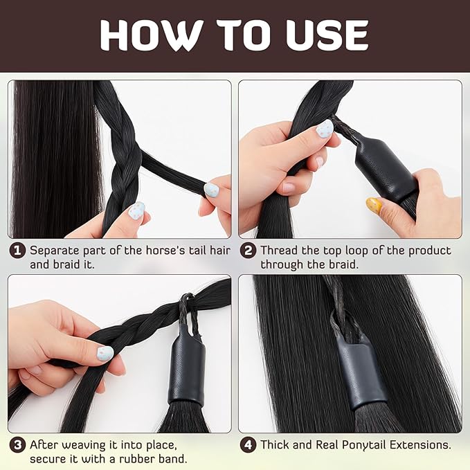 Zeyune 3 Pcs Horse Tail Extensions Set with Braided Horsehair Loop Include Ponytail Comb and Storage Bag, Natural Black for Equestrian Competitions, Horse Shows, Daily Grooming(34-36inch,1 lb)