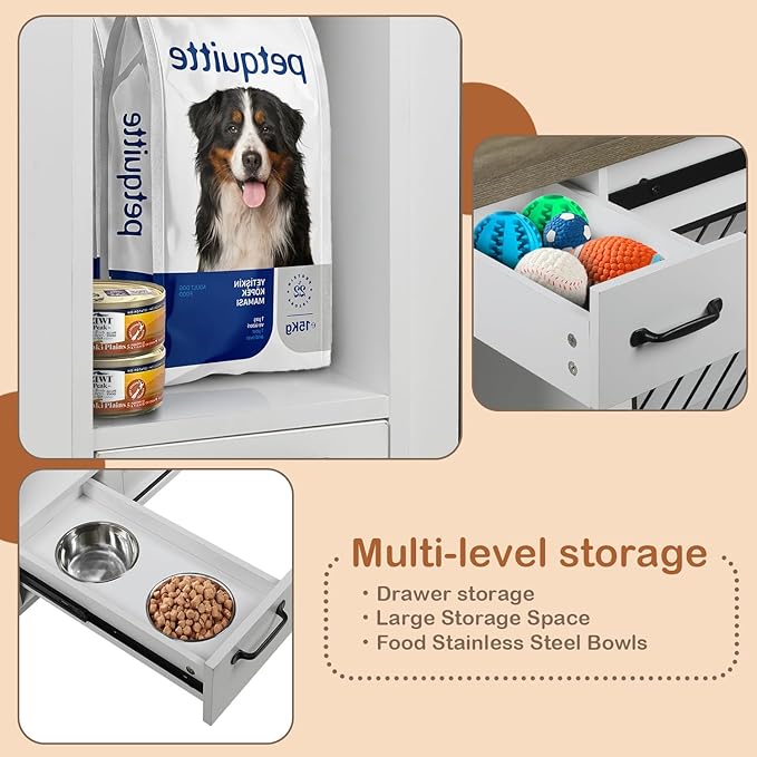 Large Dog Crate, Dog Crates for Medium Dogs, 47.2" Dog Kennel Indoor with Drawers, Feeder Bowls and Storage, 2 Sliding Doors, Heavy Duty Dog Crate Farmhouse Modern Side End Table for Small Medium Dogs