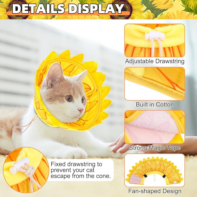 KOOLTAIL Cat Costume Cone Collar Soft, Adjustable Cat Cones to Stop Licking, Foldable Donut Water Resistant Pet Recovery Neck E Collars After Surgery,Elizabethan Collar for All Breeds Cats,Sunflower M