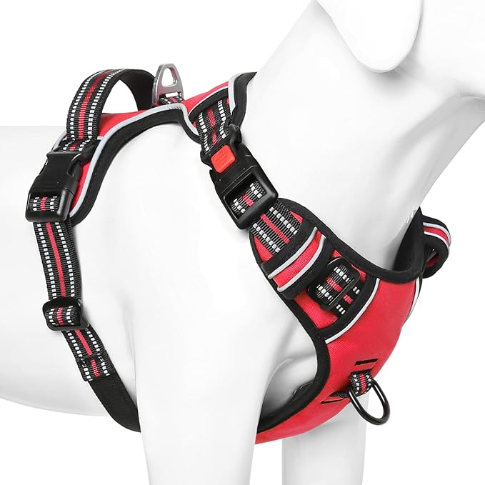 Timos Dog Harness Large Sized, No Pull with Neck Lockable Snap,No Choke Front Clip Dog Reflective Harness,Adjustable Metal Rings 3 Buckles,Easy Control Handle for Large Dogs Red L