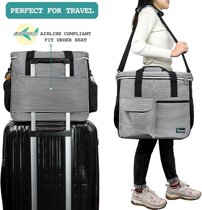 PetAmi Dog Travel Bag - Organizer with Food Container, Bowls & Accessories for Weekend Camping, Cat Diaper Bag (Stripe Black, Large)
