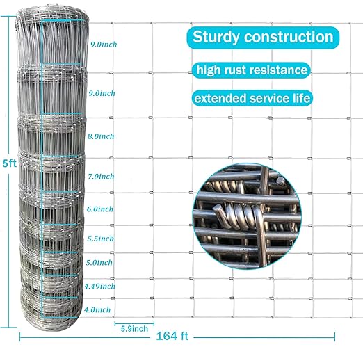 Farm Fence 5x164FT, Galvanized Wire Fencing, Zinc Coated Cattle Fences Used to Hog Goat Fencing for Yard Garden and Field