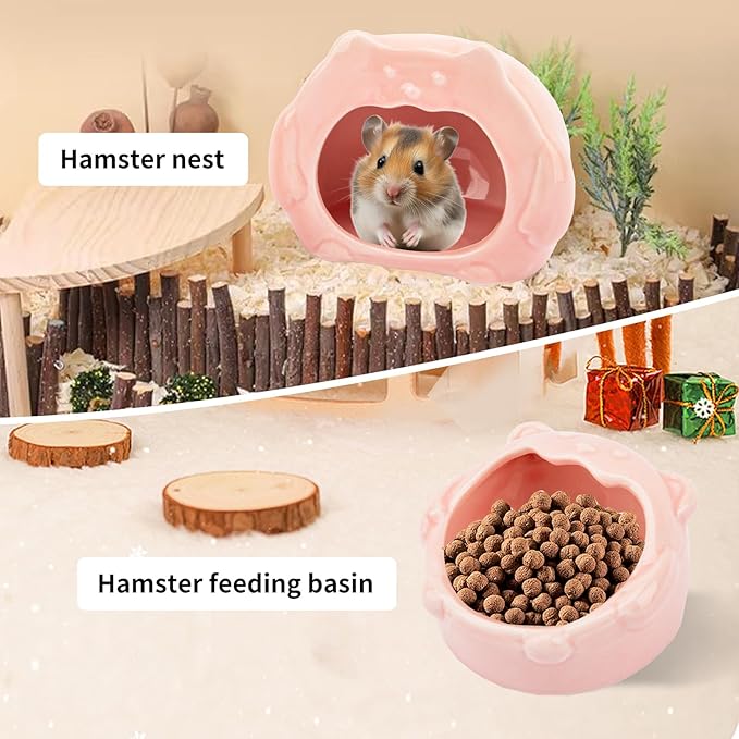 Bear-Shaped Hamster Hideout & Food Bowl Set - Ceramic Habitat for Syrian Dwarf Hamsters, Mice, Gerbils - All-Season Use, Chew-Proof Ceramic House and Feeding Dish for Small Pets(Pink)