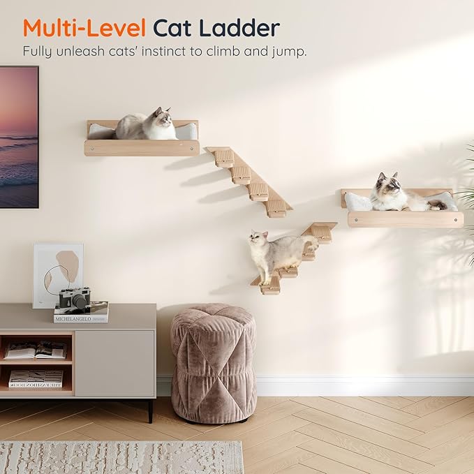 HOOBRO Cat Wall Shelf Set of 2, Wall Mounted 4-Level Cat Steps with Jute Scratching Steps, Hammock Wall Mounted, Holds up to 40 lb, Cat Wall Furniture, for Playing, Natural NL41CS03
