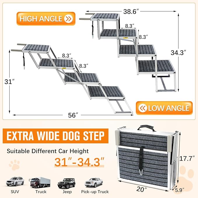 20" Extra Wide Dog Ramp, 4-Step Foldable Pet Stairs with Non-Slip Carpet - Lightweight Aluminum for SUV/Truck/Car & High Beds - Supports Large Dogs up to 200Lbs